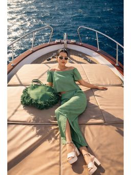 CUSTARD - Stylish Solid Green Linen Co-Ord Set