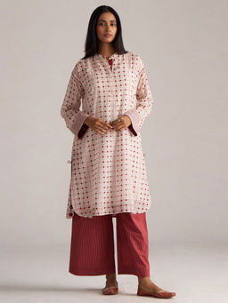 Ganga Fashions - Cream Chanderi Checks Kurta and Palazzo with Slip