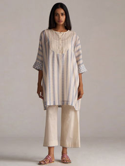 Ganga Fashions - Cream Chanderi Stripes Kurta and Palazzo with Slip