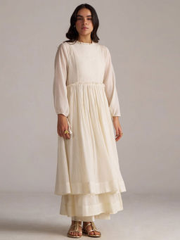 Ganga Fashions - Fresh Cream Cupro Self Design Anarkali Kurta and Palazzo with Slip