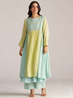 Ganga Fashions - Green Cupro Colorblock Anarkali Kurta and Palazzo with Slip