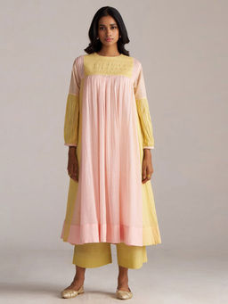 Ganga Fashions - Pink Cupro Colorblock Anarkali Kurta and Palazzo with Slip