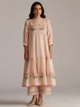 Ganga Fashions - Peach Silk Floral Anarkali Kurta and Palazzo with Slip