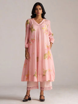 Ganga Fashions - Powder Pink Silk Floral Anarkali Kurta and Palazzo with Slip