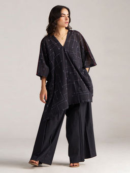 Ganga Fashions - Black Cotton Geometric Kaftan and Palazzo with Slip