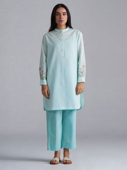 Ganga Fashions - Eggshell Blue Woven Checks Kurta and Pant with Slip