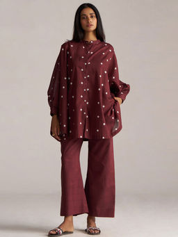 Ganga Fashions - Cordovan Maroon Cotton Polka Dots Co-Ord Set