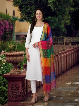 Trendmalls - White Pure Cotton Solid Kurta and Pant with Dupatta
