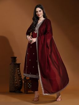 Trendmalls - Maroon Silk Embroidered Kurta and Pant with Dupatta