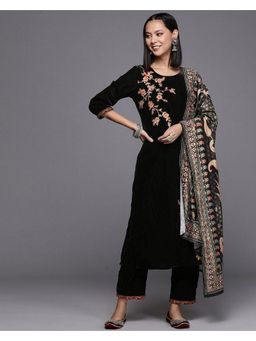 Trendmalls - Black Velvet Floral Kurta and Pant with Dupatta