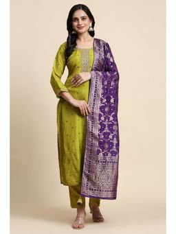 Trendmalls - Green Silk Embroidered Kurta and Pant with Dupatta