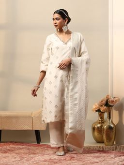 Garden VARELI - Women Off White Cotton Viscose Embroidered Kurta with Pant and Dupatta