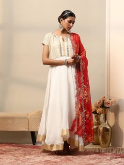 Garden VARELI - Women Off White Cotton Viscose Embroidered Anarkali Kurta with Pant & Dupatta