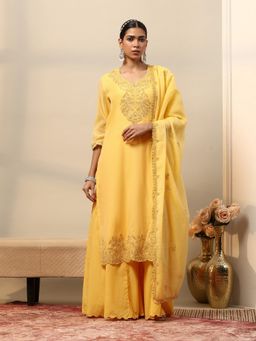 Garden VARELI - Women Yellow Embroidered Cotton Kurta with Sharara and Dupatta