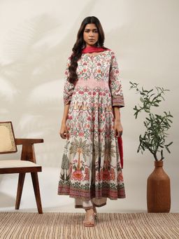 Garden VARELI - Women White Floral Printed Anarkali Kurta with Pant & Dupatta