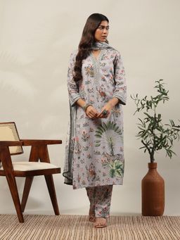 Garden VARELI - Women Grey Floral Printed Kurta with Pant and Dupatta
