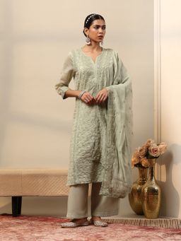 Garden VARELI - Women Green Geometric Embroidered Kurta with Palazzo and Dupatta