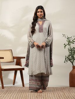 Garden VARELI - Women Grey Geometric Printed Kurta with Palazzo and Dupatta