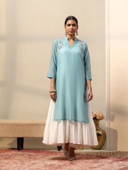Garden VARELI - Women Blue Viscose Solid Flared Kurta with Inner and Pant