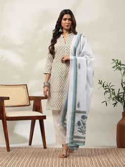 Garden VARELI - Women White Cotton Floral Printed Embroidered Kurta with Pant and Dupatta