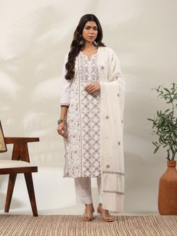Garden VARELI - Women White Cotton Embroidered Kurta with Pant and Dupatta