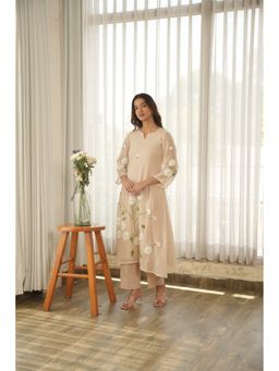 ONEWE INDIA - Women Beige Hand Paint Soft Organza Kurta with Pant