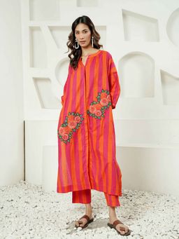 Indisangam - Orange Cotton Stripes Co-Ord Set