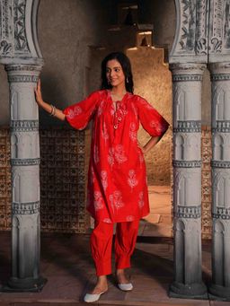 Indisangam - Red Cotton Floral Co-Ord Set