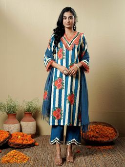 Indisangam - Blue Cotton Stripes Kurta and Pant with Dupatta