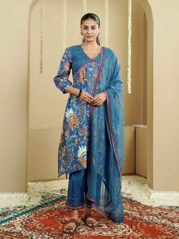 Indisangam - Blossom Blue Cotton Floral Kurta and Pant with Dupatta