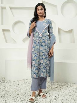 Indisangam - Blue Cotton Floral Kurta and Pant with Dupatta