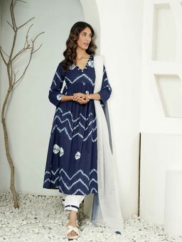 Indisangam - Blue Cotton Tie & Dye Kurta and Pant with Dupatta