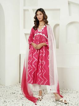 Indisangam - Pink Cotton Tie & Dye Kurta and Pant with Dupatta