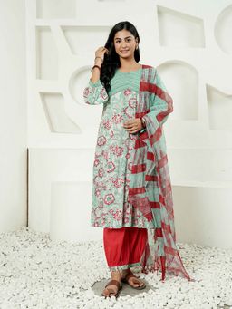 Indisangam - Green Cotton Floral Kurta and Salwar with Dupatta