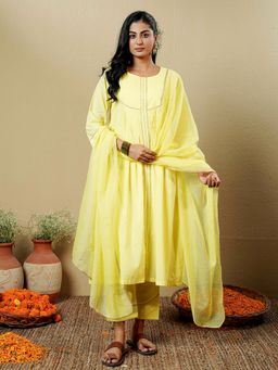 Indisangam - Yellow Cotton Solid Kurta and Pant with Dupatta