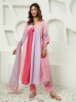 Indisangam - Pink Cotton Colorblock Kurta and Pant with Dupatta