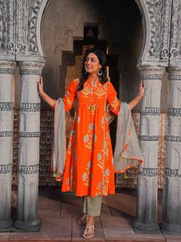 Indisangam - Orange Cotton Floral Kurta and Pant with Dupatta