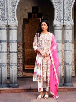 Indisangam - Pink Cotton Floral Kurta and Pant with Dupatta