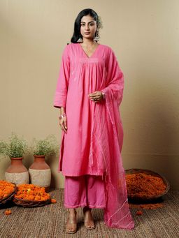 Indisangam - Pink Cotton Embroidered Kurta and Pant with Dupatta