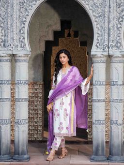 Indisangam - Purple Cotton Floral Kurta and Pant with Dupatta