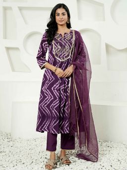 Indisangam - Purple Cotton Tie & Dye Kurta and Pant with Dupatta