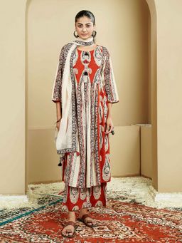 Indisangam - Rust Cotton Paisley Anarkali Kurta and Palazzo with Dupatta