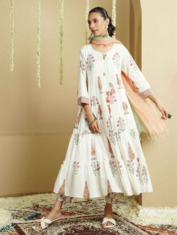 Indisangam - White Cotton Floral Anarkali Kurta and Pant with Dupatta