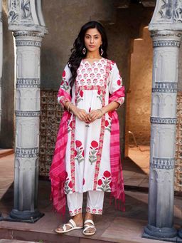Indisangam - Red Cotton Floral Kurta and Salwar with Dupatta