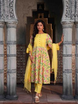 Indisangam - Yellow Cotton Floral Printed Kurta and Pant with Dupatta