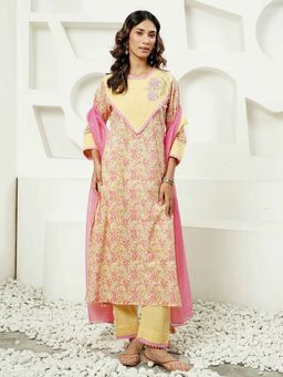 Indisangam - Yellow Cotton Floral Kurta and Pant with Dupatta