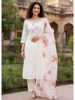Rajnandini - Women Cream Poly Silk Embroidered Kurta and Pant With Dupatta