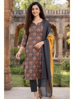Rajnandini - Women Grey and Yellow Pure Cotton Jaipuri Printed Kurta and Pant With Dupatta