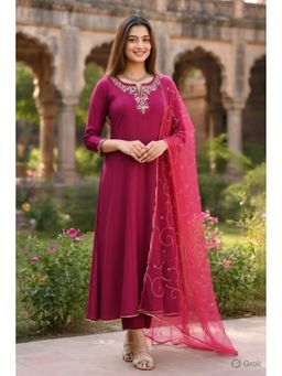 Rajnandini - Women Wine Poly Silk Embroidered Anarkali Kurta and Pant With Dupatta