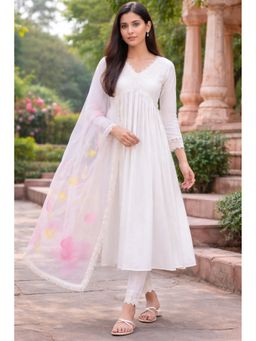 Rajnandini - Women White Poly Silk Solid Anarkali Kurta and Pant With Dupatta